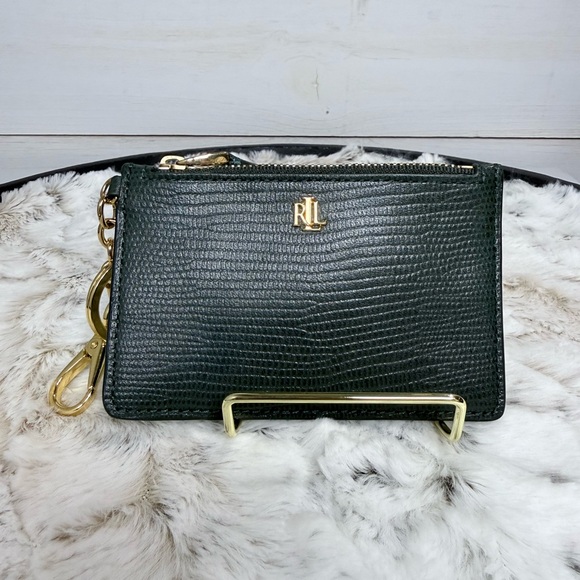 Ralph Lauren Handbags - Ralph Lauren Embossed Leather Zip Card Wallet in Hunter Green w/ Gold Keychain